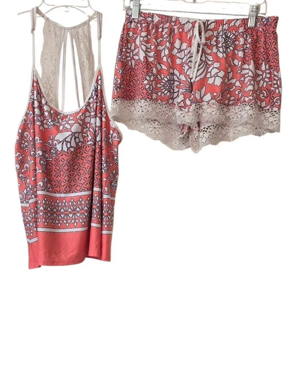 In Bloom By Jonquil Coral Printed Tank & Lace Trim Loung/sleep Shorts Set Size M